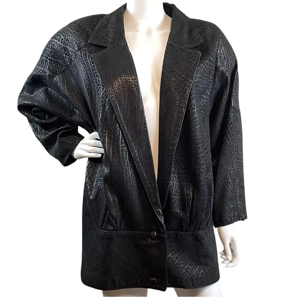 Vtg EREZ 80s Genuine Leather Oversized Coat Jacket Black Animal Print Size Small - Picture 1 of 8